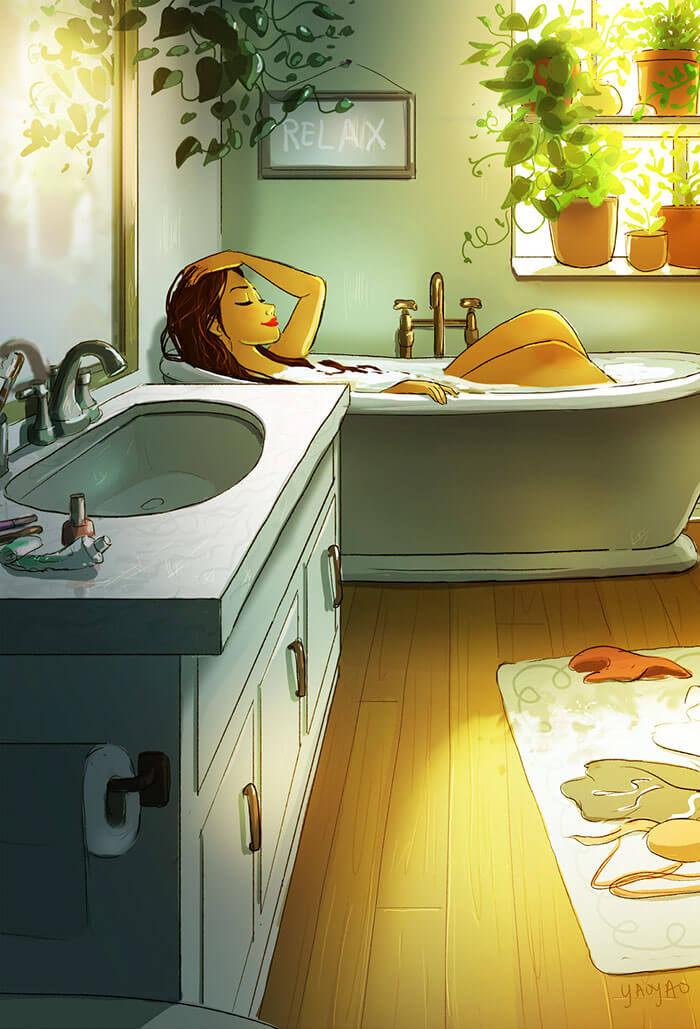 20 Beautiful Illustrations That Show What's Like To Live Alone - Bathing As Long As You Want