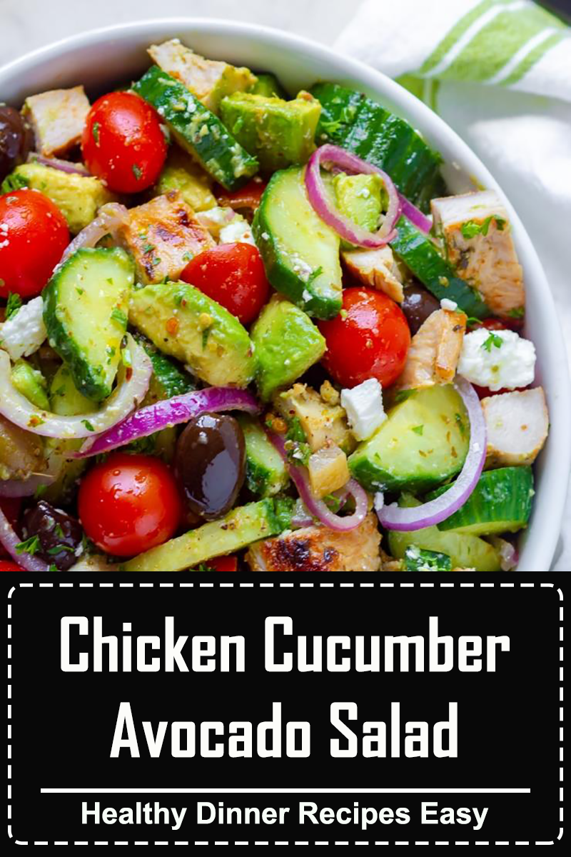 Greek Chicken Cucumber Avocado Salad This Grilled Chicken Avocado Salad has delicious flavor of Greek Herb Chicken with creamy avocado, feta and to-die-for Greek dressing. #chicken #greek #salad #olives #summer #dinner