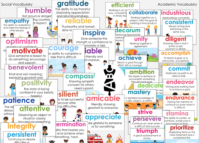 20 Social and 20 Academic Vocabulary posters with definitions for grades 3-5