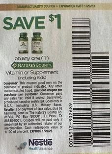 $1.00/1 Nature’s Bounty Vitamin or Supplement Coupon from "SAVE" insert week of 1/1/23. (exp. 1/29)