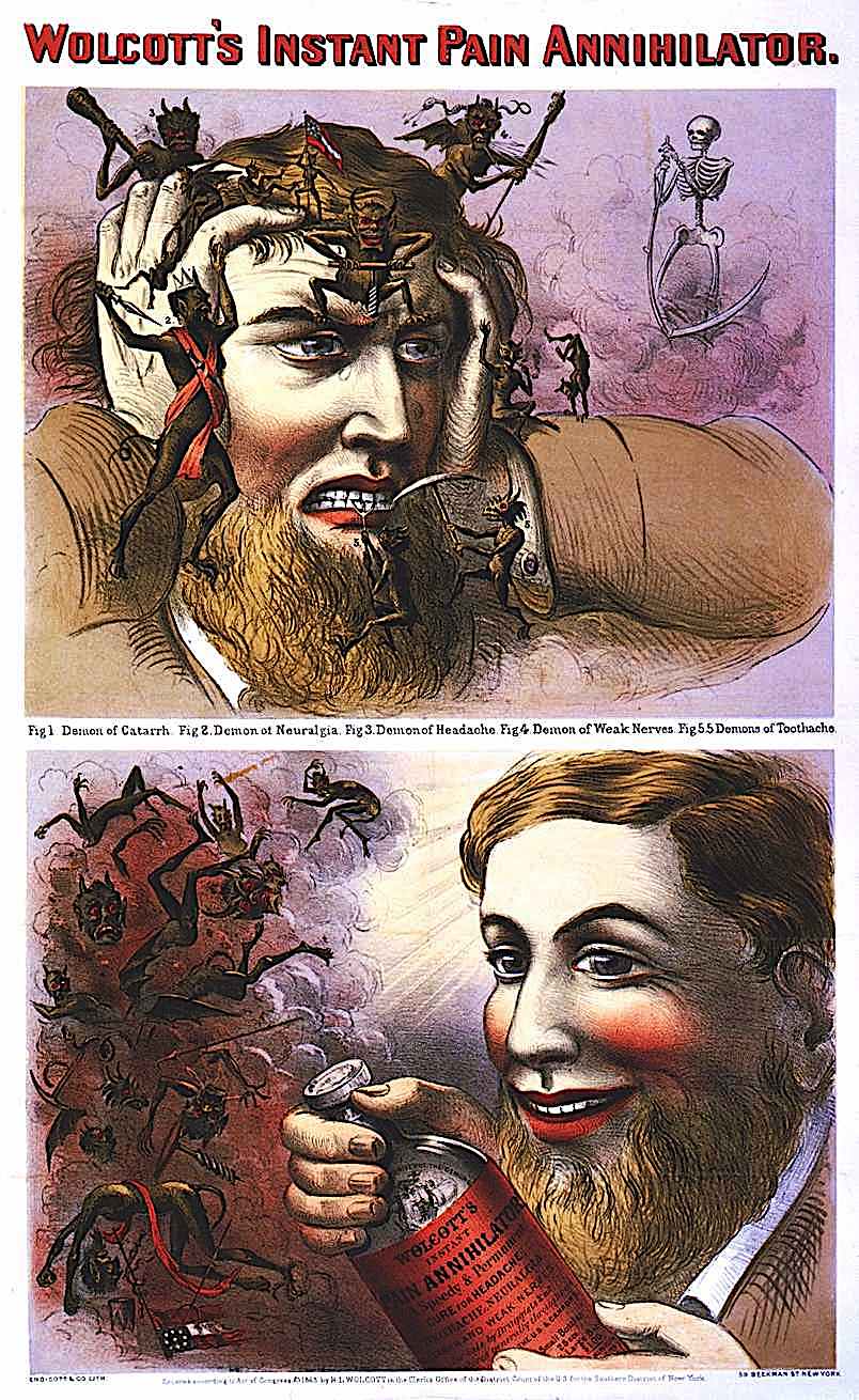 "Wolcott's Instant Pain Annihilator", an illustrated color advertisement for pain medicine