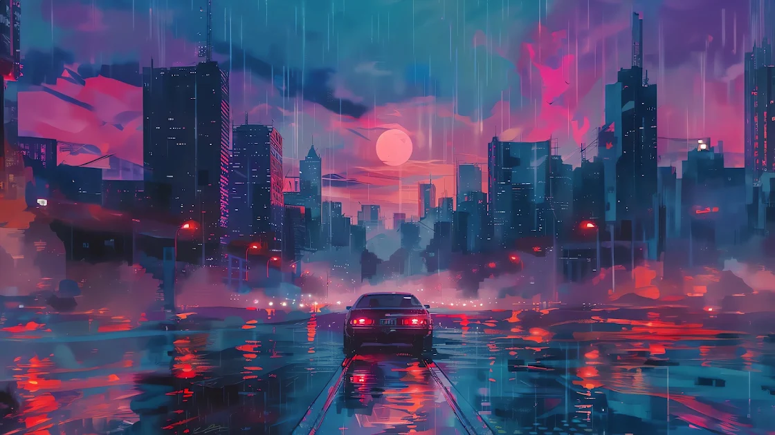 4K image of a car driving through a rain-soaked cyberpunk city with neon reflections and a crimson moon.