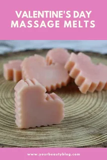 How to make a Valentine’s Day massage melt.  This massage melt recipe is like a solid lotion recipe, but it’s softer so it melts when it touches skin.  It has mango butter to moisturize and soften the skin.  It also has apricot oil and fractionated coconut oil because they soak into the skin easily.  This makes a great diy Valentine’s Day gift for a couples massage.  #massagemelt #massage #mangobutter #apricotoil #coconutoil #valentine #valentinesday #diy