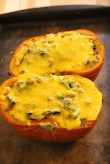 Stuffed kabocha squash, cheese melted