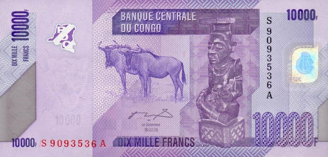 Congo Democratic Republic 10000 Congolese francs banknote 2006 water buffalos and carved statuette