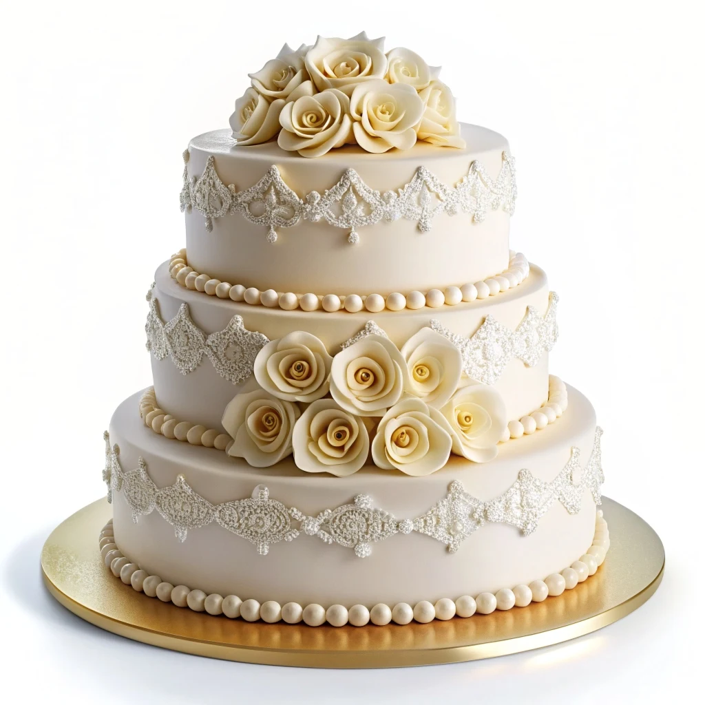  Pastel de aniversario de bodas de 45 años en color blanco decorado con rosas y perlas 