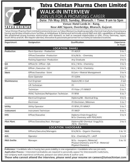 Tatva Chintan Pharma Chem Walk in Interview For Production/ QA/ QC/ Store/ Maintenance/ Electrical/ Utility/ Instrument/ Pilot Plant/ EHS/ R&D/ ADL - Multiple Opening Check Details Now