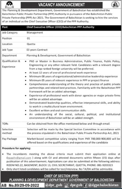  Planning and Development Department  jobs 2022 Quetta