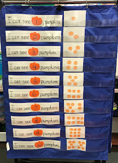 Pocket Chart, "I can see ___ pumpkins." sight words, number recognition, counting, www.justteachy.com