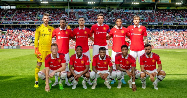 MANCHESTER UNITED F. C. Temporada 2022-23. De Gea, Elanga, Diogo Dalot, Harry Maguire, Martial, Lindelof. Mc Tominay, Tyrell Malacia, Fred, Marcus Rashford, Bruno Fernandes. CLUB ATLÉTICO DE MADRID 1 MANCHESTER UNITED F. C. 0 Sábado 30/07/2022, 13:45 horas. Partido amistoso. Oslo, Noruega, estadio Ullevaal, 25.000 espectadores. GOLES: 1-0: 86’, Joao Félix.