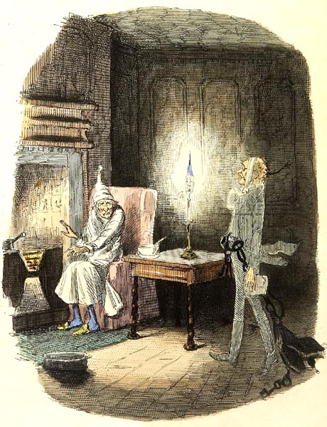 drawing of Marley's ghost visiting Scrooge