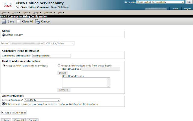 A screenshot of a community string being added through the Cisco Unified Serviceability graphical interface.