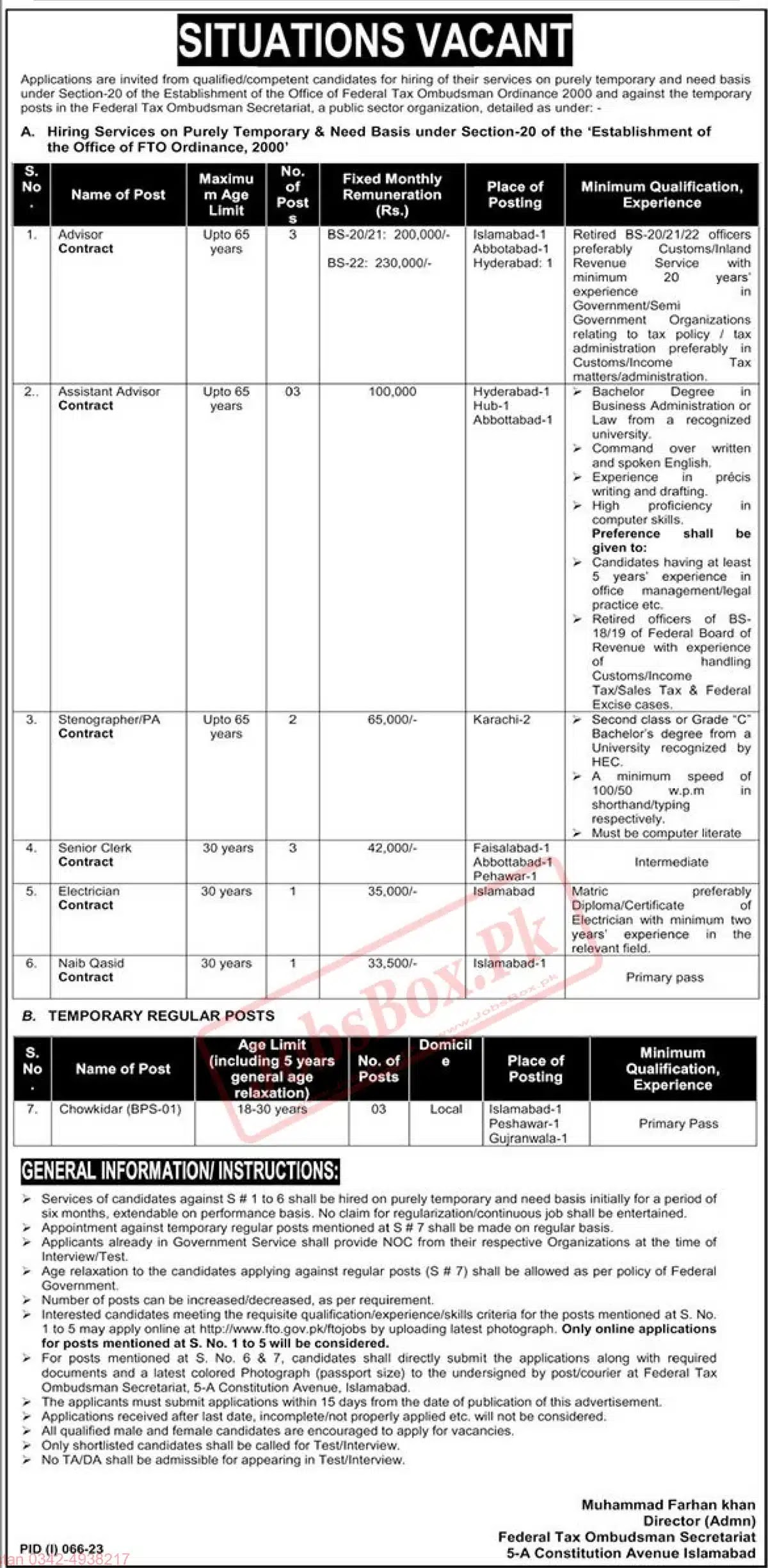 Federal Tax Ombudsman Secretariat Jobs 2023 Latest Advertisement