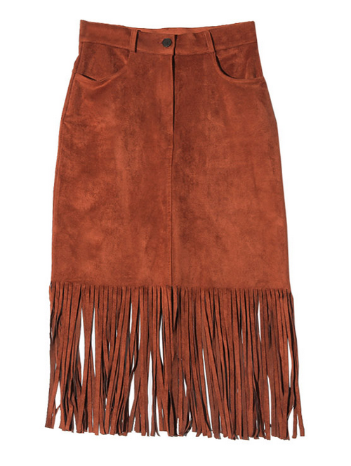  Faux Suede Fringe Hem Skirt