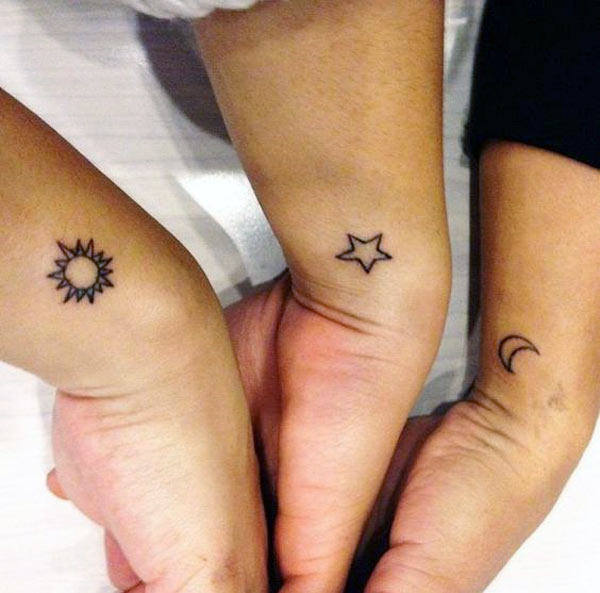 best friend tattoos sun star and moon black ink line work tattoo designs for women