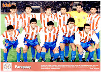 SELECCIÓN DE PARAGUAY - Temporada 1996-97 - Arce, Alcaraz, Gamarra, Struway, Chilavert y Villamayor; Derlis Soto, José Cardozo, Ovelar, Acuña y Ricardo Rojas - PARAGUAY 1 (Acuña) CHILE 0 - 11/06/1997 - Copa América, fase de grupos - Cochabamba, Bolivia, estadio Félix Capriles