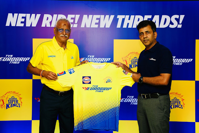Mr. P Madhavan, Executive-Vice President (Sales and marketing), TVS Srichakra Ltd and K S Viswanathan, CEO of Chennai Super Kings unveil the CSK Jersery for IPL 2022