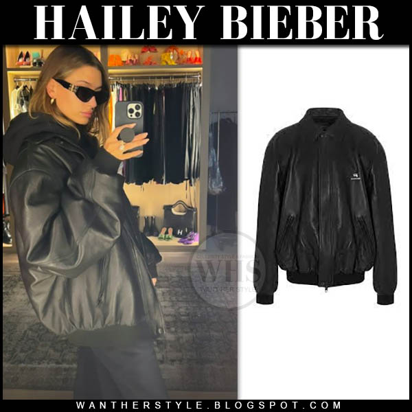 Hailey Bieber in black leather bomber jacket