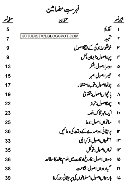 Contents of the Urdu book Khushgawar Zindagi Ke 12 Usool