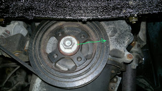 This is how the crankshaft pulley looks like, post TDC. This picture is taken right after the post camshaft TDC above.