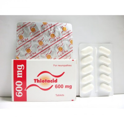 Thiotacid 600 mg tablets packing box and tablets presentation