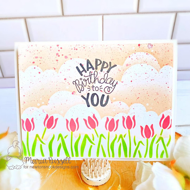 Spring Card by Maria Russell | Spring Garden Line Stencil, Clouds Stencil and Uplifting Wishes Stamp Set by Newton's Nook Designs