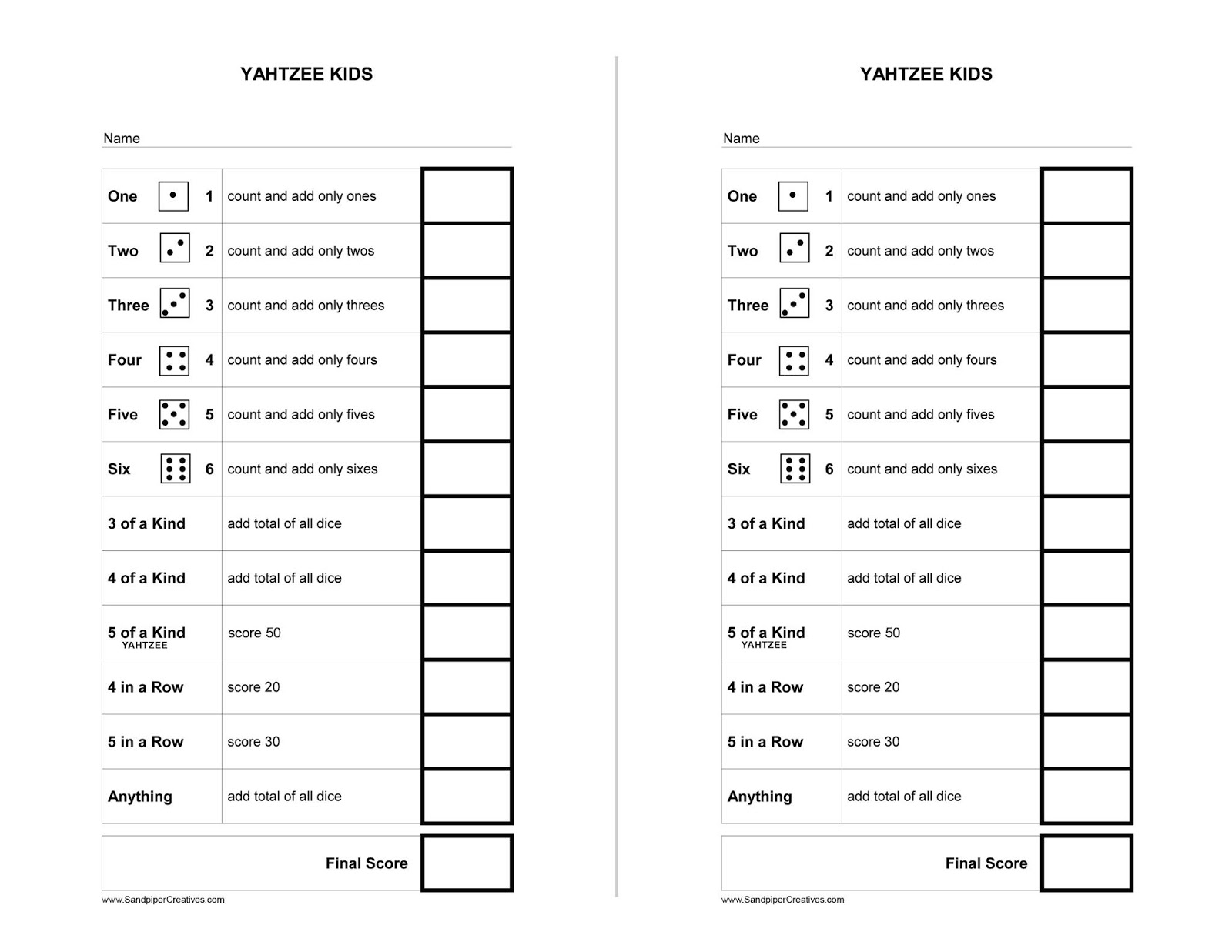 yahtzee score card for kids free printable