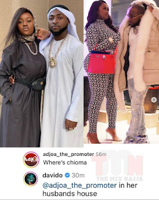A screenshot of Davido's response to a fan who asked about his wife Chioma