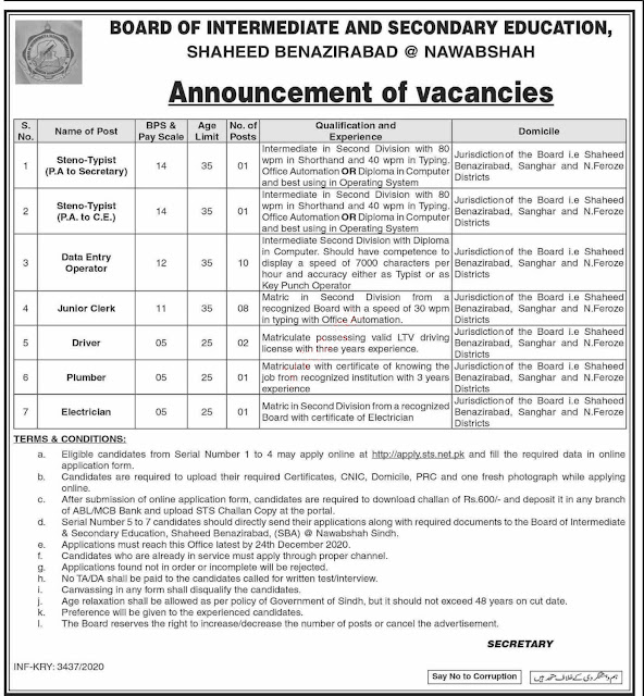 Education Jobs BISE Nawabshah Jobs Dec 2020