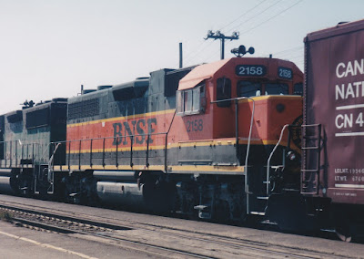 BNSF GP38 #2158 in Vancouver, Washington, in August 1998