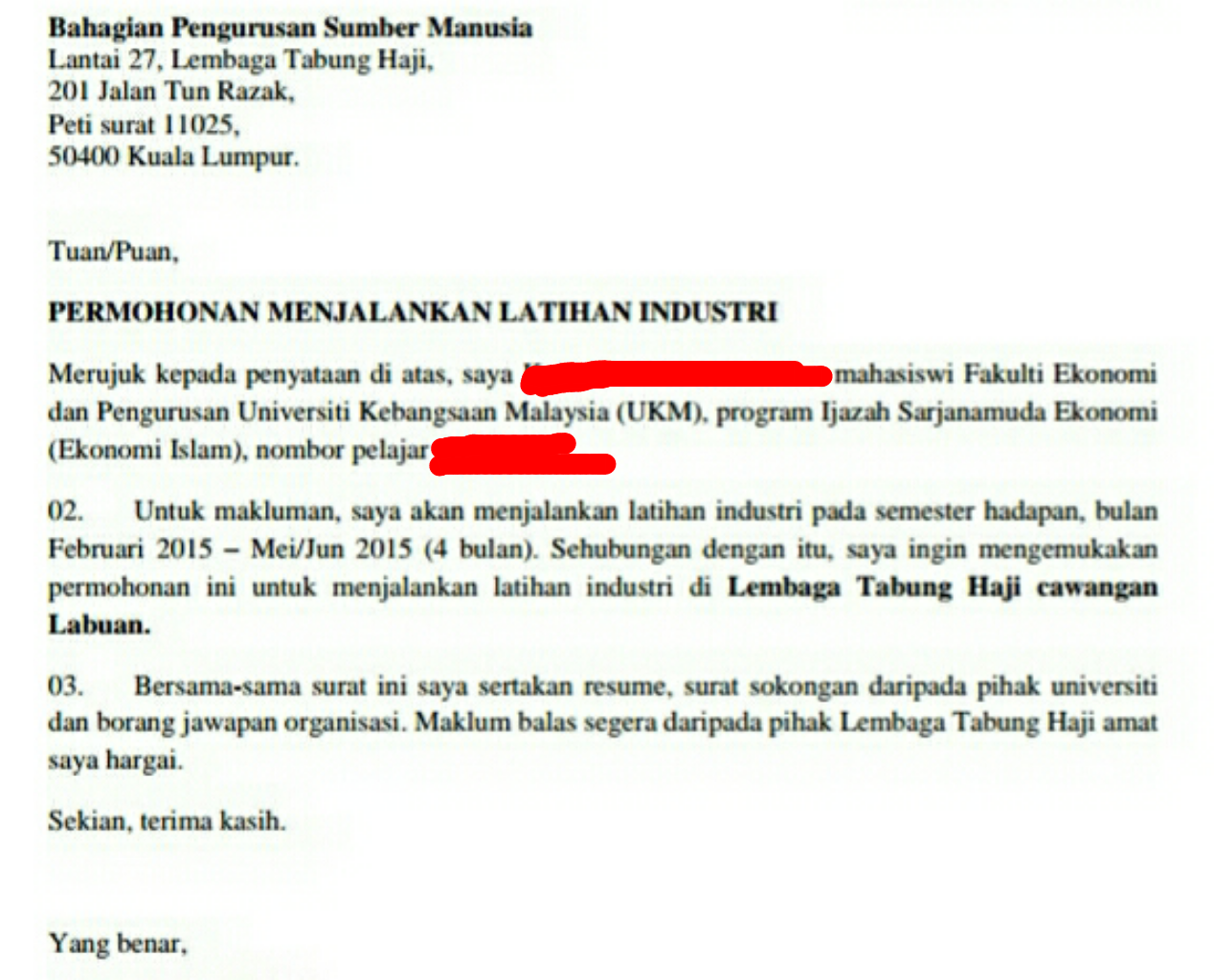 Contoh Surat Memberhentikan Pelajar Praktikal