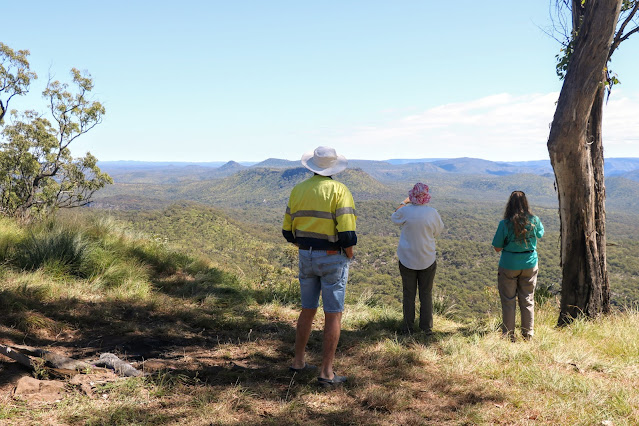 Backs of people looking at view of distant mountains across a valley