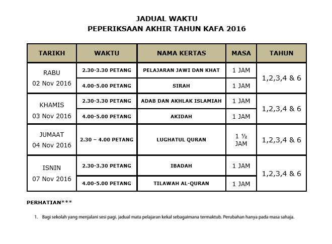 Jadual Peperiksaan Akhir tahun KAFA 2016  Persatuan Guru 