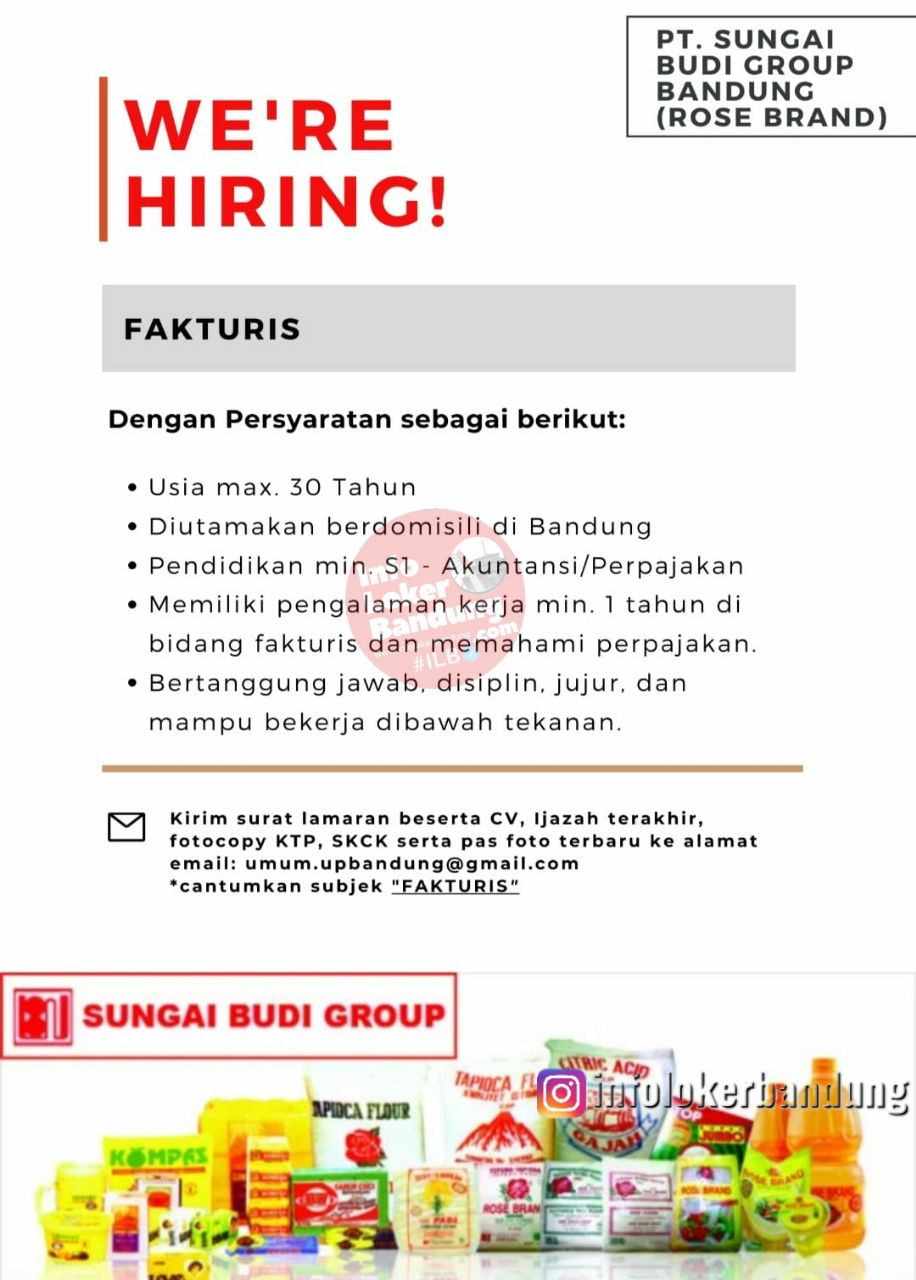 Lowongan Kerja Fakturis PT. Sungai Budi Group Bandung ( Rose Brand) Oktober 2023