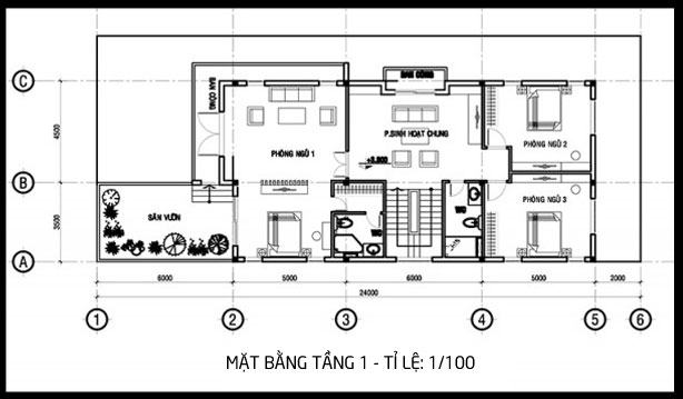 Mặt bằng tầng 1 - Mẫu thiết kế biệt thự 2 tầng mái lệch