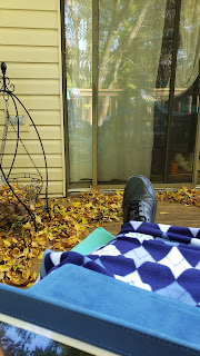 Picture of deck and sliding glass door with autumn leaves and blanket and feet of person taking picture