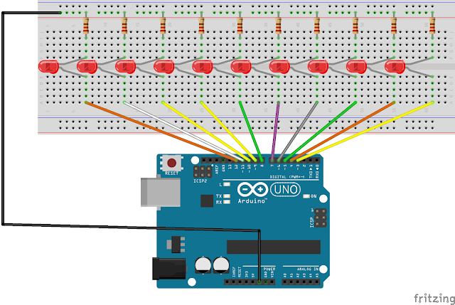 Arduino for beginners : Array with LED running lights