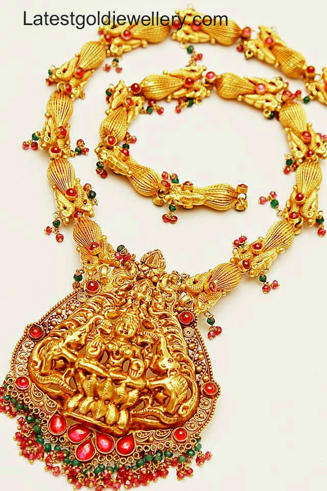 Latest temple jewellery necklace with oval shaped gold balls and ...