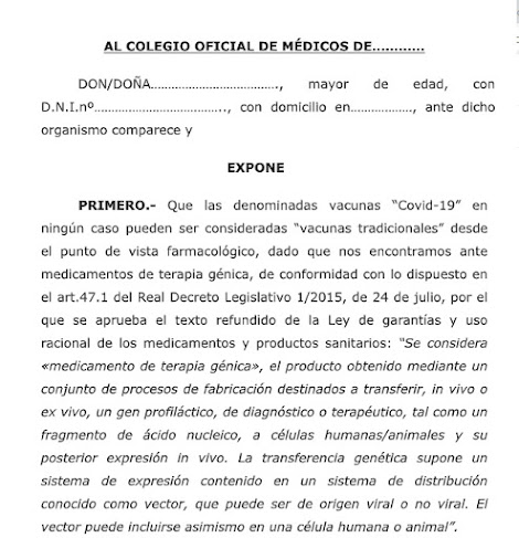 DESCARGA MODELO DE ESCRITO DE DENUNCIA PERSONAL AL COLEGIO OFICIAL DE MÉDICOS POR EXPERIMENTACION GENICA CON LA VACUNACION COVID-19