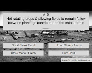 Not rotating crops & allowing fields to remain fallow between plantings contributed to the catastrophic ___. Answer choices include: Great Plains Flood, Urban Shanty Towns, Stock Market Crash, Dust Bowl