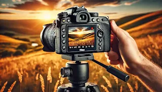 Nikon D7500 DSLR camera set up on a tripod, capturing a scenic outdoor landscape with a sunset in the background.