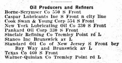 Oil Producers and Refineries listed in the Elizabeth, NJ city directory for 1930.