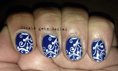 Blue with White Stamped Nails