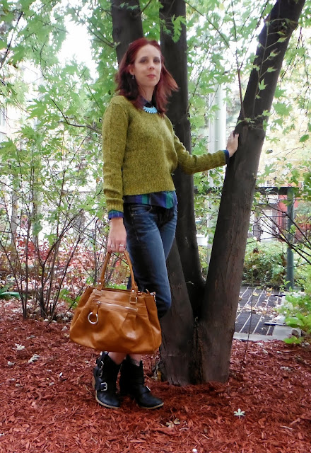 Casual.style featuring H&M sweater and Express distressed jeans, plaid shirt from M for Mendocino with purse from winners, sunglasses and Kenzi boots, Shop For Jayu necklace