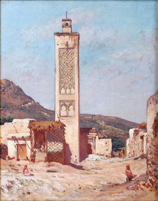 Au pied du minaret de Nedroma, Algérie. 1877 - Hippolyte Fauvel (Français - 1835-1895 ) - Huile sur toile - 41 x 33 cm