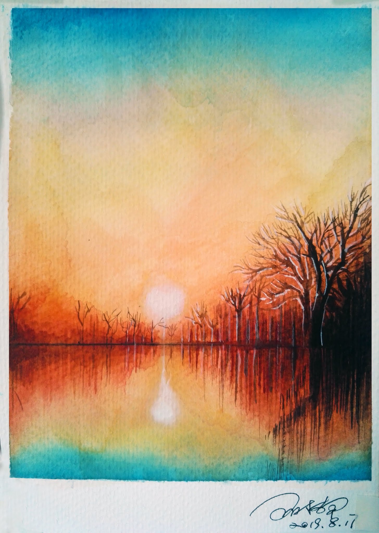 watercolor sunset landscape