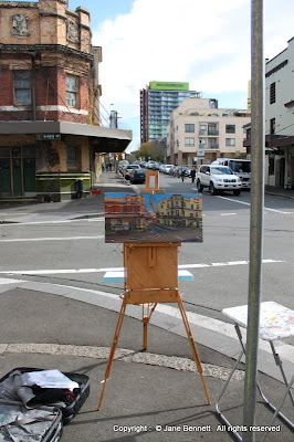 plein air oil painting of the Terminus Hotel and the Point Hotel, Harris Street Pyrmont painted by industrial heritage artist Jane Bennett