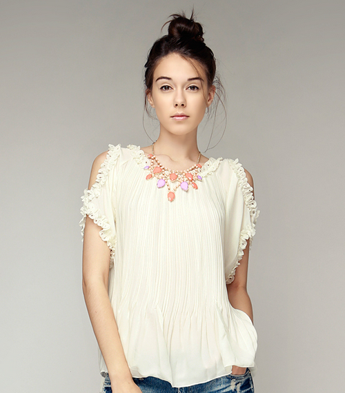 Cut Out Shoulder Pleated Blouse