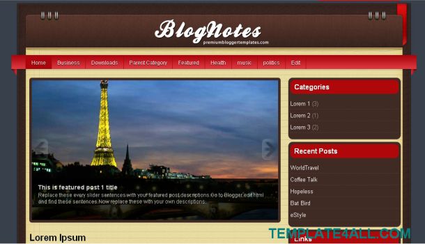 BlogNotes Red Brown Blogger Template