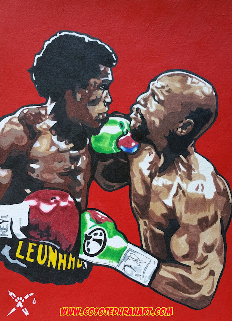 Sugar Ray Leonard vs. Floyd Mayweather Jr. Micron pen, Copic marker and acrylic paint on cold press watercolor paper. Art by Coyote Duran